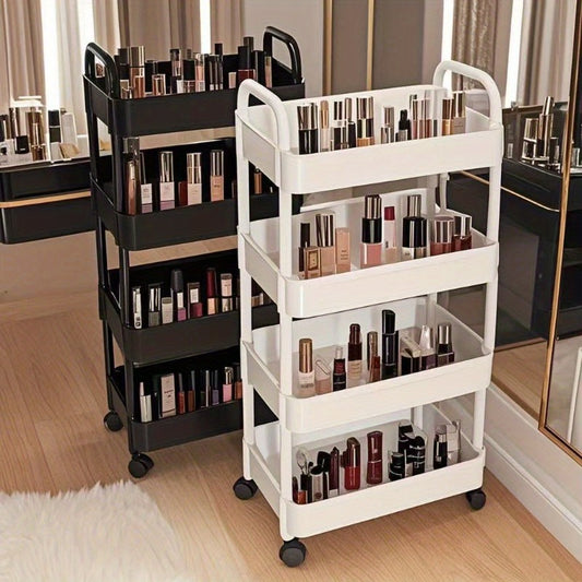 4/3/5-Tier Rolling Cosmetic Organizer - Durable Plastic Material, 360° Swivel Wheels, High Load Capacity for Bathroom, Bedroom, Kitchen & Home Organization | Black or White Options | Multifunctional Storage Cart with Side Ha