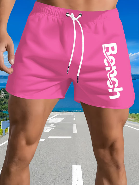 Men'S Quick-Dry Swim Trunks with Drawstring Waist - Vibrant Pink Geometric Pattern Beach Shorts, Breathable Regular Fit Casual Swimwear for Summer, Bathing Suits, Quickdrying Fabric