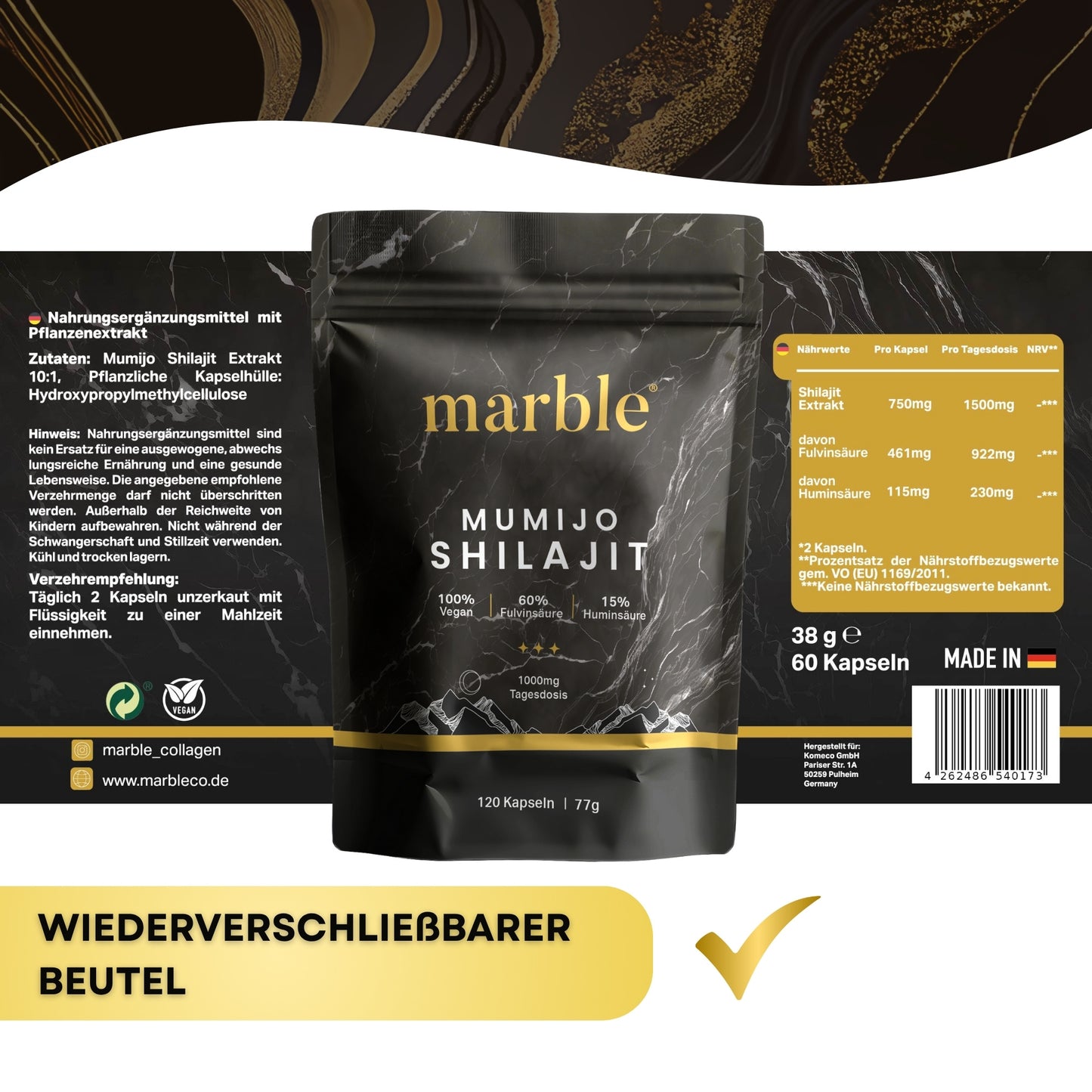 Marble Shilajit Original Himalaya Capsules with MCT Oil - Mumijo Shilajit 120pcs Ultra High-Dose in a Bag - 1536 Mg Daily Dose Vegan - Filled And Laboratory-Tested in Germany - Made in Germany