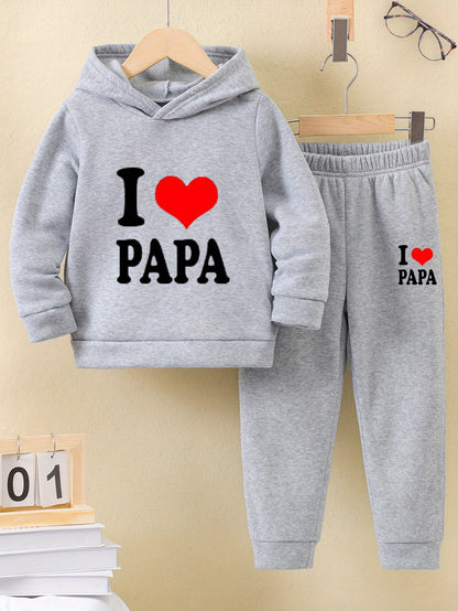 Fashionable Autumn And Winter Casual Sports Style for And "I Love Dad" Cartoon Popular Print Pattern Long-Sleeved Plus Velvet Warm Hooded Sweatshirt + Sweatpants Two-Piece Set, for Outdoor