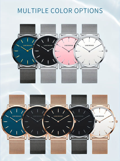 LIGE Women'S Ultra-Thin Quartz Watch with Rose Golden Mesh Strap - Elegant Blue Dial, Minimalist Design, Perfect Gift for Mother'S Day, Christmas, Thanksgiving, Christmas Accessory | Minimalist Watch | Quartz Movement