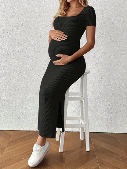 Maternity Bodycon Dress - Square Neck Short Sleeve Ruched Hem Stretchy Knit Pregnancy Dress for Women, Breathable Summer Casual Wear, Machine Washable Solid Color Regular Fit, Maternity Dresses, Comfortable Pregnancy Outfit,