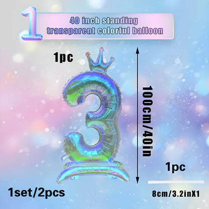 2pcs, 1pc 101.6cm transparent large digital balloon with crown and base + 1 straw, aluminum foil material, suitable for birthday party decoration, photo props, anniversary celebrations, Valentine's Day, New Year celebrations,