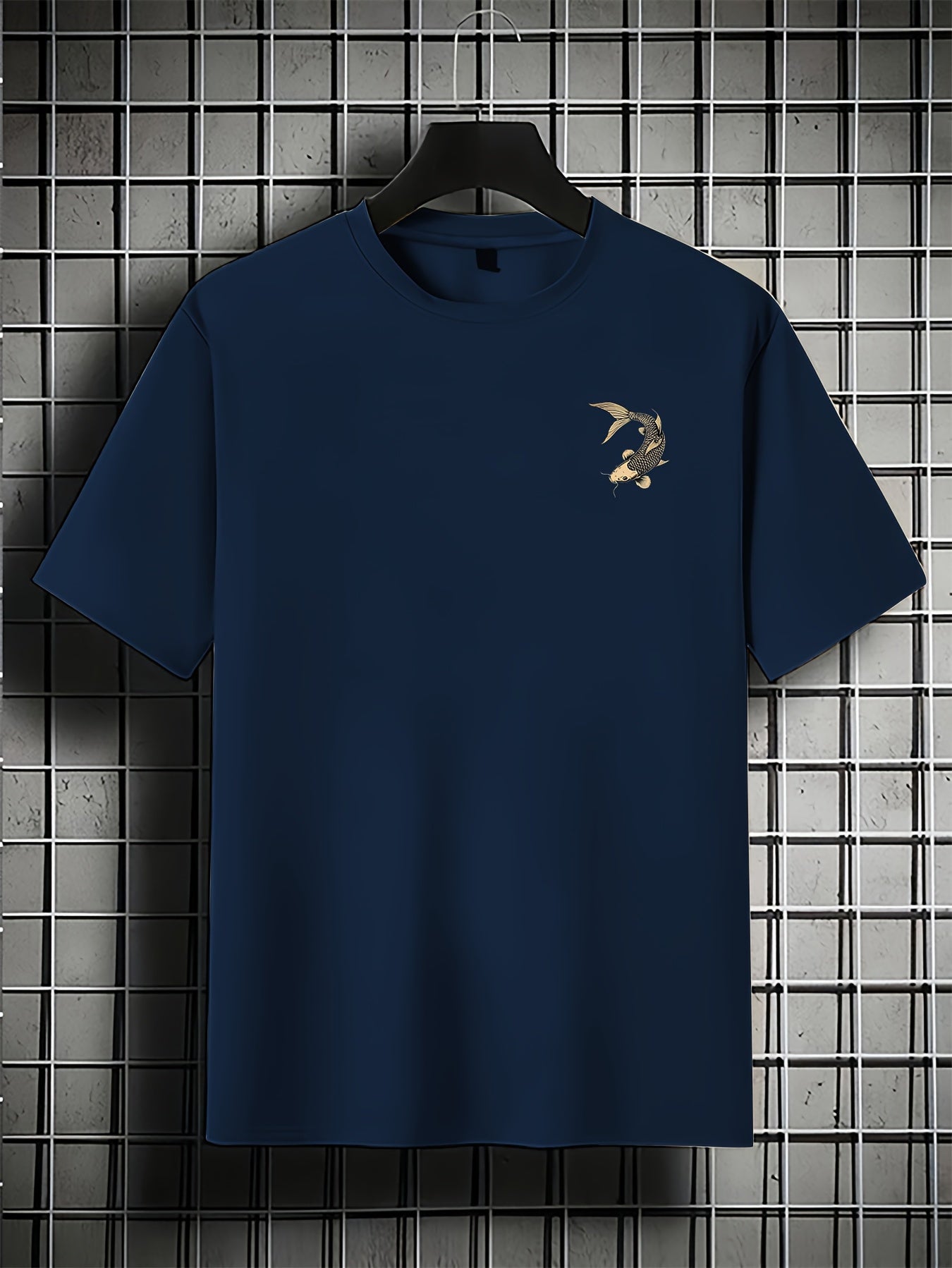 Men's 100% Cotton Retro T-Shirt - Navy Blue Short Sleeve Casual Tee with Koi Fish & Cherry Blossom Print, Regular Fit, Machine Washable, Cotton T Shirts, Summer Apparel, Breathable Fabric