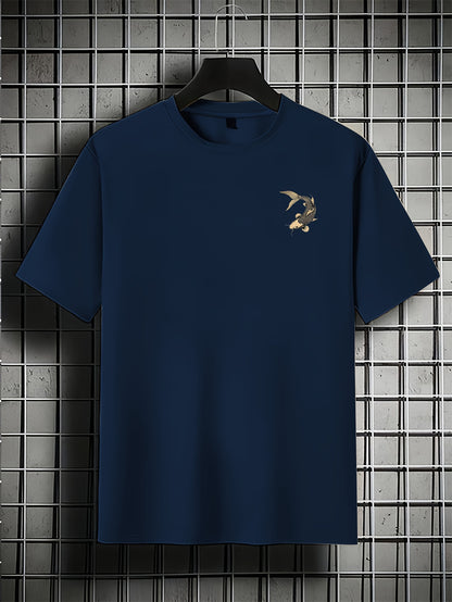 Men's 100% Cotton Retro T-Shirt - Navy Blue Short Sleeve Casual Tee with Koi Fish & Cherry Blossom Print, Regular Fit, Machine Washable, Cotton T Shirts, Summer Apparel, Breathable Fabric