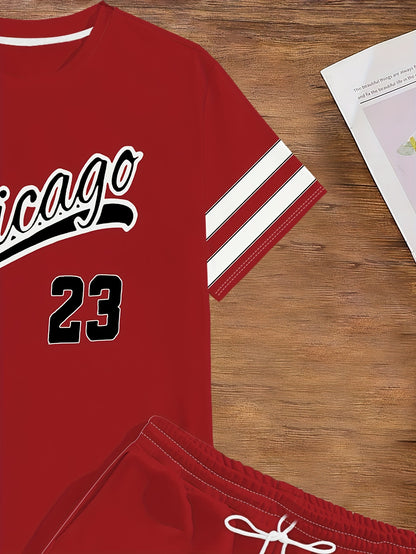 Summer Men's T-Shirt Set with Unique Digital Line Letter Print and Baseball Element Shorts Two-Piece Outfit