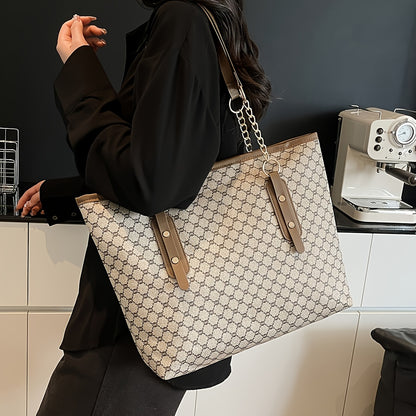 Rubyn Women's Large Capacity Tote Bag - Beige/ & Brown Greek Key Logo Handbag, Versatile Shoulder Purse for Women,, Travel, Everyday Use, Everyday Bag For Women, Casual Bag For Women, Casual Style Tote Bag, Medium Size Tote B