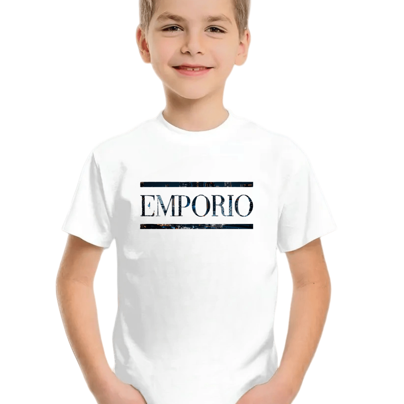 Boys' Casual Short Sleeve T-Shirt with Elegant "EMPORIO" Letter Print - Soft Breathable Round Neck Tee, Medium Stretch, Regular Fit for Summer Daily Wear & Weekend Outings, Boy T Shirt, Everyday Kids Clothing, Classic Round N