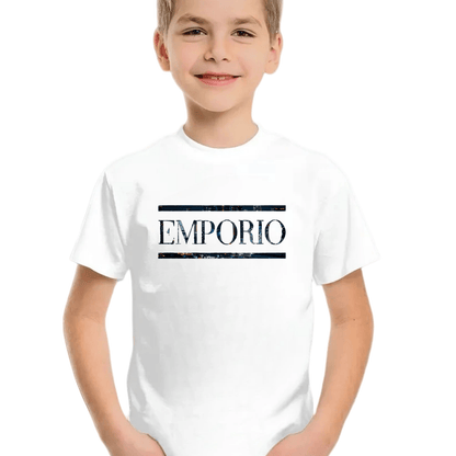 Boys' Casual Short Sleeve T-Shirt with Elegant "EMPORIO" Letter Print - Soft Breathable Round Neck Tee, Medium Stretch, Regular Fit for Summer Daily Wear & Weekend Outings, Boy T Shirt, Everyday Kids Clothing, Classic Round N