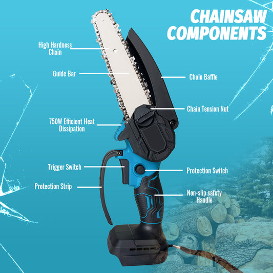 6 Inch Mini Chainsaw, Replacement for Makita 18 V Battery, Electric Chainsaw, Hand Chainsaw, Handheld Electric Small 6" Chainsaw with Chain with 6000mAh Battery (2x 3.0Ah Battery), 18 V Battery Chainsaw, for Garden Tree Branc