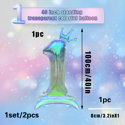 2pcs, 1pc 101.6cm transparent large digital balloon with crown and base + 1 straw, aluminum foil material, suitable for birthday party decoration, photo props, anniversary celebrations, Valentine's Day, New Year celebrations,