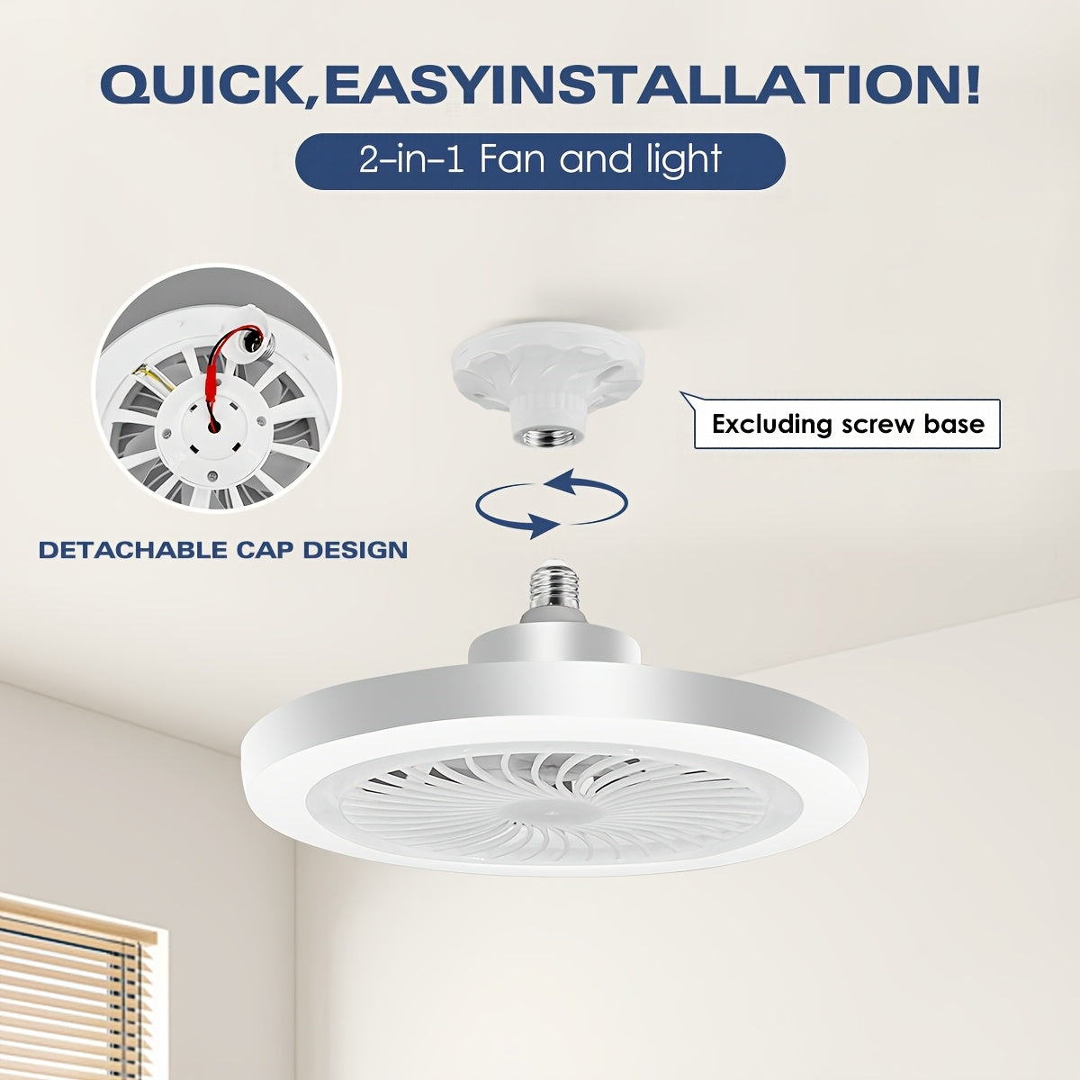 LED Smart Fan Light, Adjustable Wind Power & Infinitely Dimmable, Invisible No Blade, E27/E26 Recessed Installation with Remote Control, Modern Simple with Thin Ceiling Fan Light for Living Room, Bedroom, Dining Room, Storage