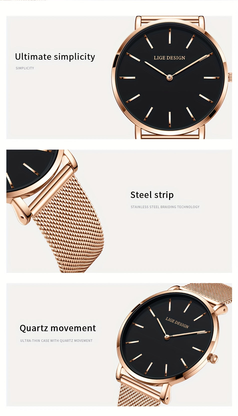 LIGE Women'S Ultra-Thin Quartz Watch with Rose Golden Mesh Strap - Elegant Blue Dial, Minimalist Design, Perfect Gift for Mother'S Day, Christmas, Thanksgiving, Christmas Accessory | Minimalist Watch | Quartz Movement