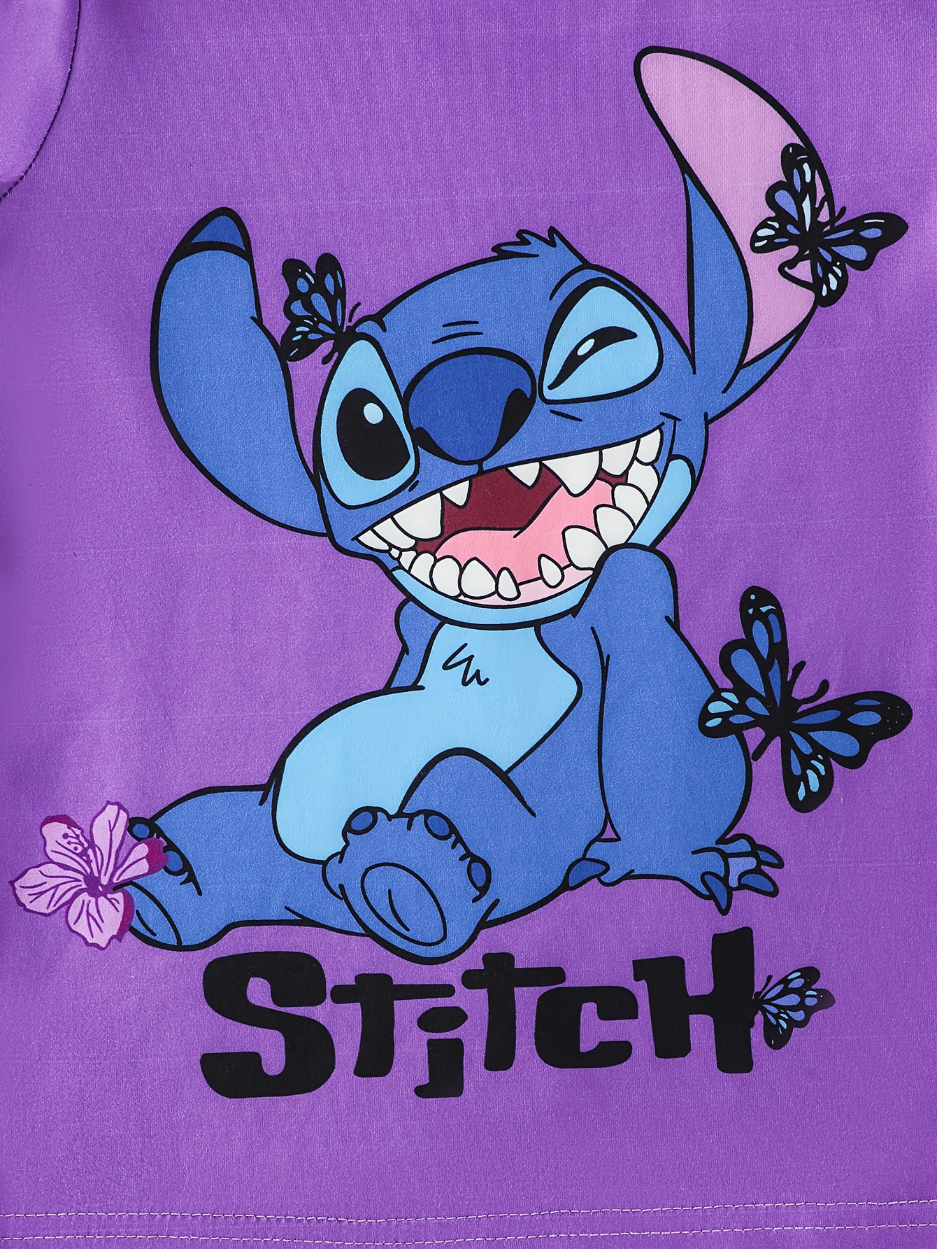 Little 's Fireproof Disney Stitch Long-Sleeve T-Shirt + Random Print Stitch Butterfly Pants Set - Soft, Comfortable Casual Loungewear for Autumn/Winter Holidays, Holiday Pajamas, Home Comfort Wear, Playful Fashion, Soft Fabri