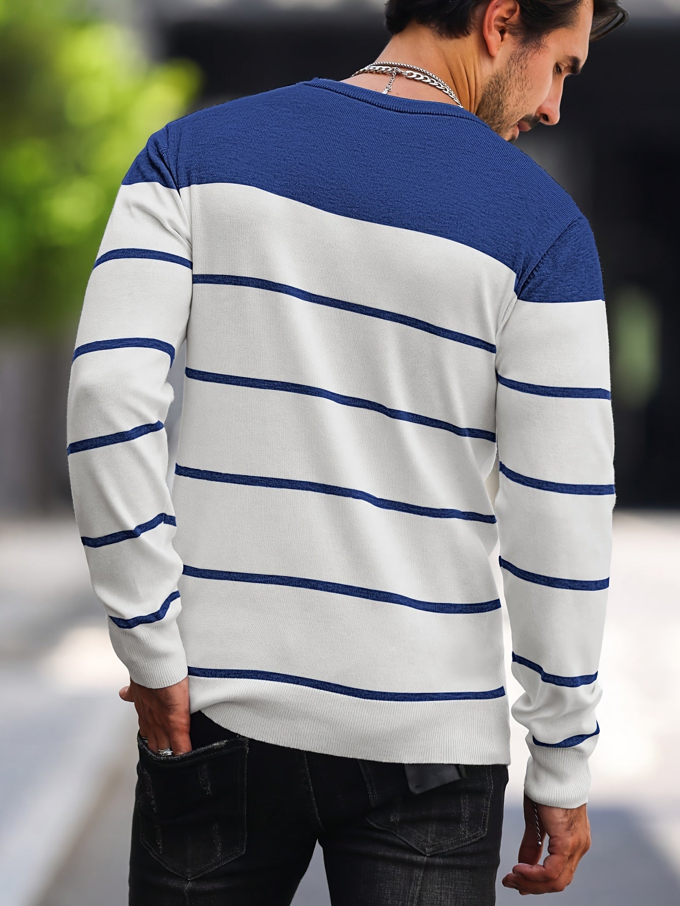 Men's Casual Striped Knit Pullover Sweater - Navy & White Contrast, Regular Fit H-Silhouette, Long Sleeve Crew Neck, Medium Stretch, Machine Washable for Spring & Fall, Mediumstretch Fabric