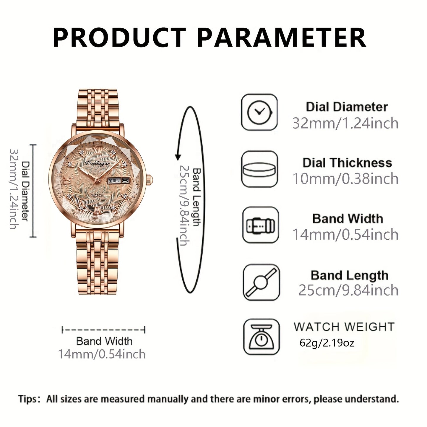POEDAGAR Women's Fashion Casual Round Analog Quartz Wrist Watch, Luminous Hands, 3ATM Water Resistant, Alloy Case & Strap, with Calendar Feature