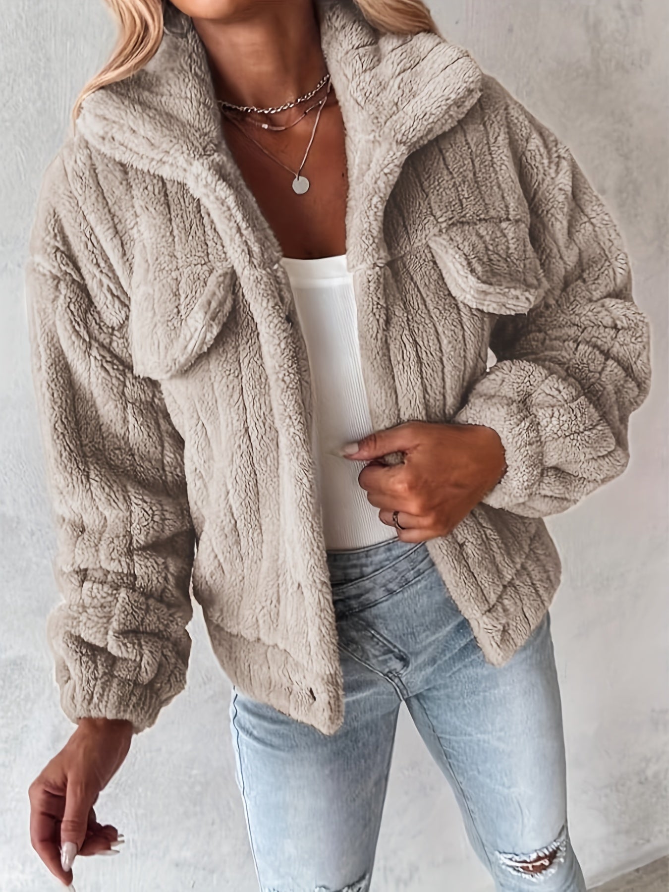 Women's Casual Teddy Jacket with Faux Pockets - Cozy Polyester, Machine Washable, Solid Color for Fall/Winter