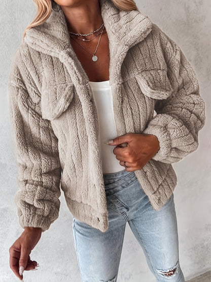 Women's Casual Teddy Jacket with Faux Pockets - Cozy Polyester, Machine Washable, Solid Color for Fall/Winter