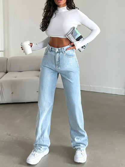 Women's Stretch Jeans - Stretchy Straight-Leg Pants with Classic Blue Wash, Machine Washable Non-See-Through Denim for Everyday & Formal Outfits - All-Season Comfort Fit Jeans, Versatile Wardrobe, Timeless Design, Quality Sti