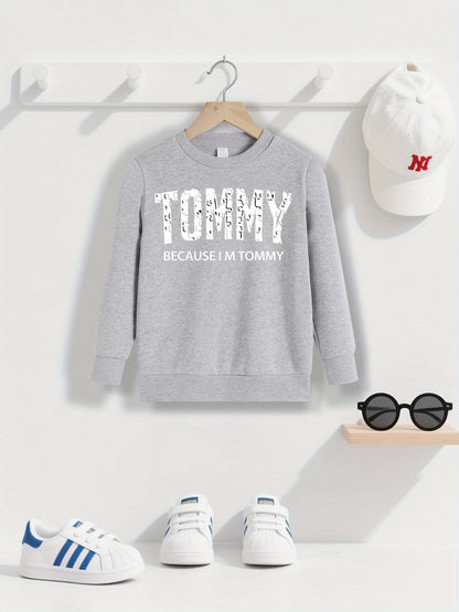 Boys' Casual Fleece-Lined Long Sleeve Sweatshirt with "TOMMY" Letter Print - Cozy Loose Fit Round Neck Pullover for Fall/Winter Outdoor Activities, 3+ Years Old, 6 Color Options, Sweater for Boy, Kids Winter Wear, Playful Kid