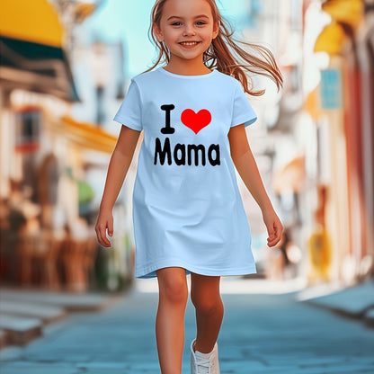 Mother'S Day Gift | "I Love Mama" Red Heart Print Short Sleeve Dress - Casual, Breathable, and Comfortable Polyester Knit, Perfect for Spring/Summer, Mother'S Day Dress | Love Heart Pattern | Comfortable Fit, Mothers Day Dres