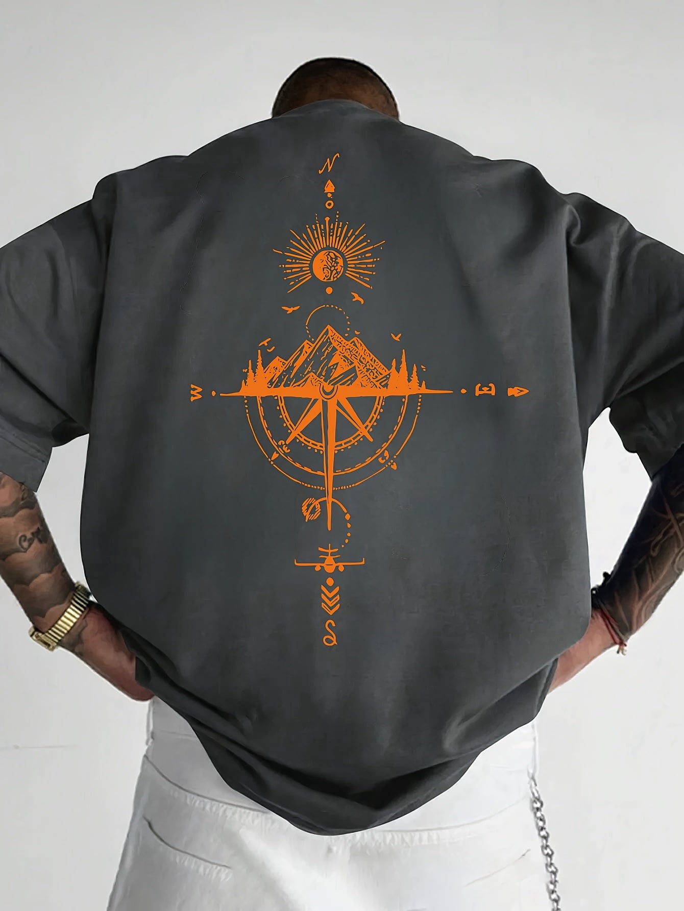 Men's Short Sleeve T-Shirt 100% Polyester Loose Fit Casual Round Neck Navy Blue with Golden Compass Rose Mountain Print - Summer Outdoor Adventure Graphic Tee, Modern Casual Top | Easy Care Clothing