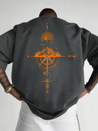 Men's Short Sleeve T-Shirt 100% Polyester Loose Fit Casual Round Neck Navy Blue with Golden Compass Rose Mountain Print - Summer Outdoor Adventure Graphic Tee, Modern Casual Top | Easy Care Clothing