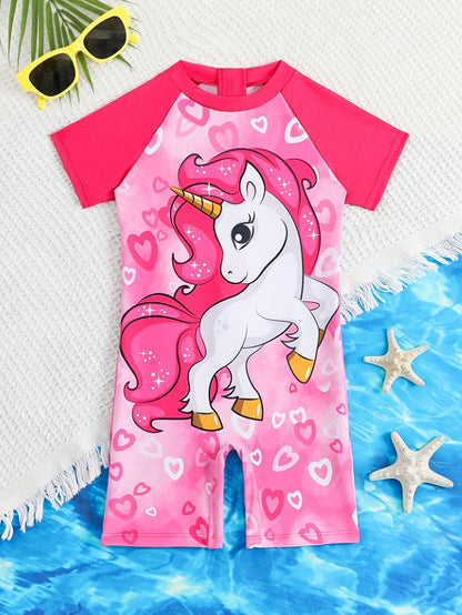 Cute Cartoon Unicorn Pattern Print Girls Spring And Summer Beach Vacation One-Piece Swimsuit