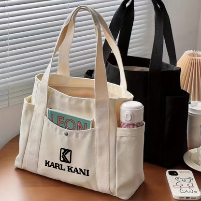 Karl Kani Women'S Large Capacity Tote Bag - Lightweight Durable Polyester Shoulder Bag with Zipper Closure, Stylish Black & White Print Design, Perfect for Shopping, Commuting, and Travel, Versatile Carryall | Minimalist Desi