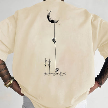 Men's Graphic Print Short Sleeve T-Shirt - Black Relaxed Fit Casual Round Neck, Durable Polyester Fabric, Machine Washable Summer Outdoor Top, Moon And Trees Design | Lightweight Clothing
