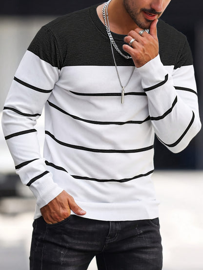 Men's Casual Striped Knit Pullover Sweater - Navy & White Contrast, Regular Fit H-Silhouette, Long Sleeve Crew Neck, Medium Stretch, Machine Washable for Spring & Fall, Mediumstretch Fabric