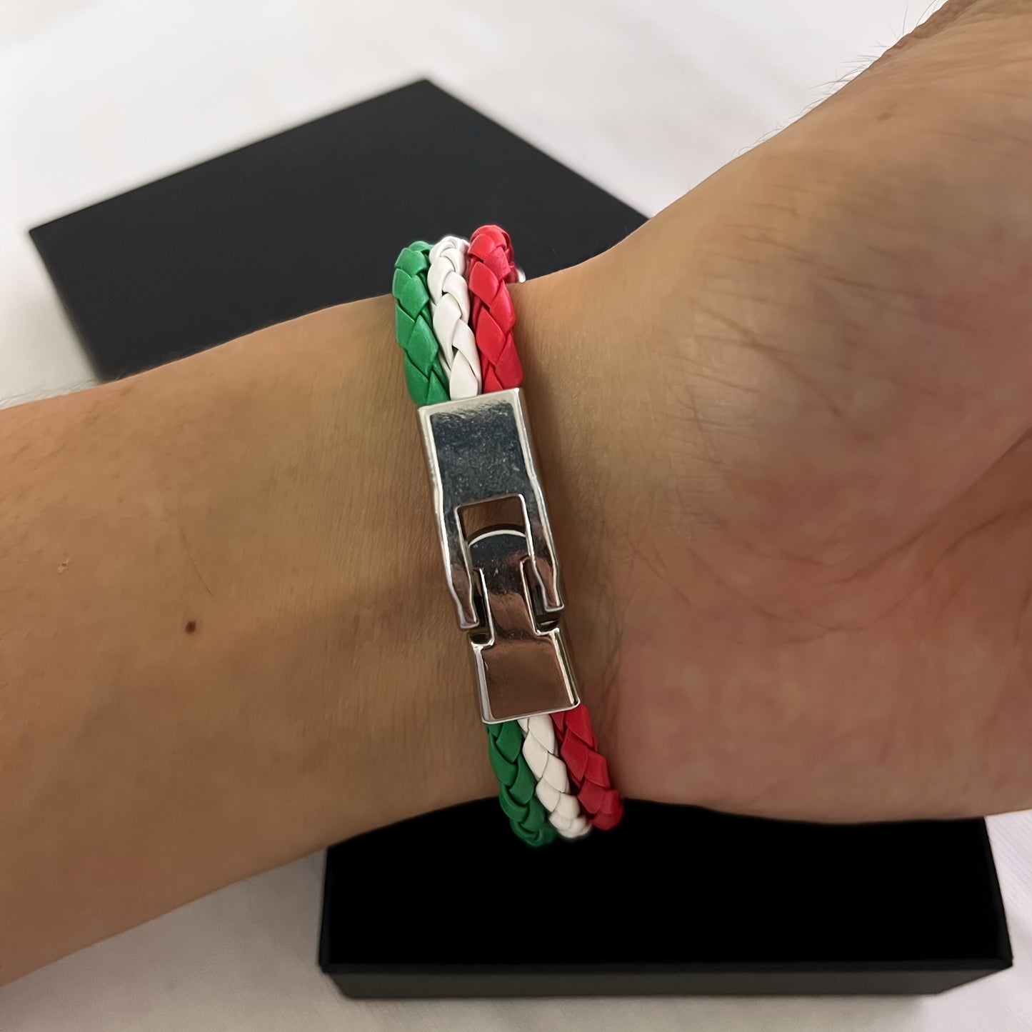 Handmade Braided Red, White, and Green Flag Faux Leather Bracelet - Fashionable Faux Leather Accessory with Metal Buckle, Ideal for National Holiday Celebrations, National Holiday Gift|Festive Accessory|Durable Faux Leather,