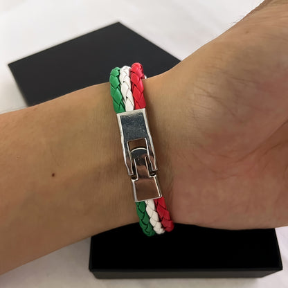 Handmade Braided Red, White, and Green Flag Faux Leather Bracelet - Fashionable Faux Leather Accessory with Metal Buckle, Ideal for National Holiday Celebrations, National Holiday Gift|Festive Accessory|Durable Faux Leather,