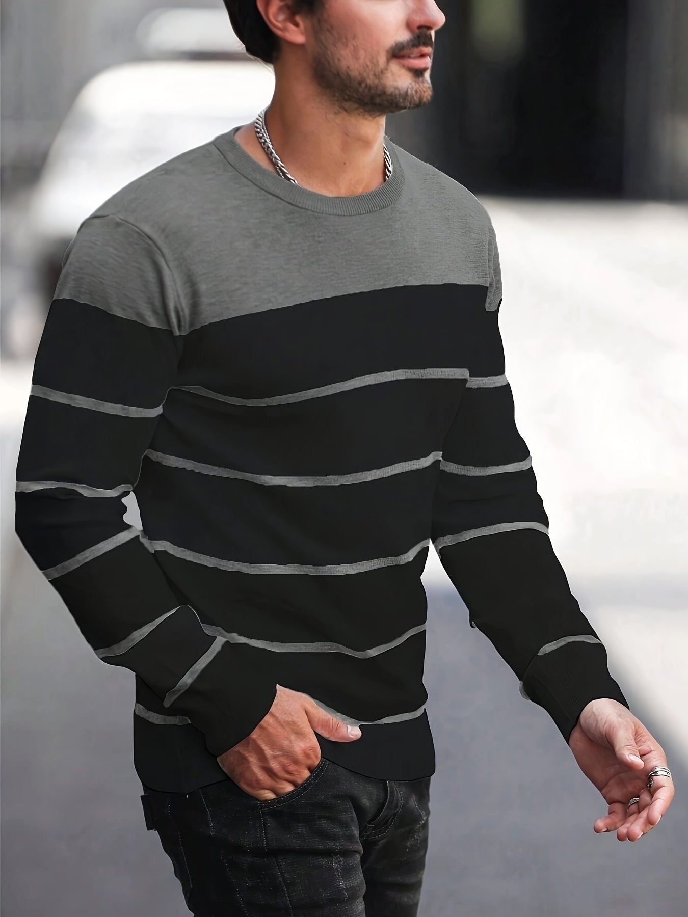 Men's Casual Striped Knit Pullover Sweater - Navy & White Contrast, Regular Fit H-Silhouette, Long Sleeve Crew Neck, Medium Stretch, Machine Washable for Spring & Fall, Mediumstretch Fabric