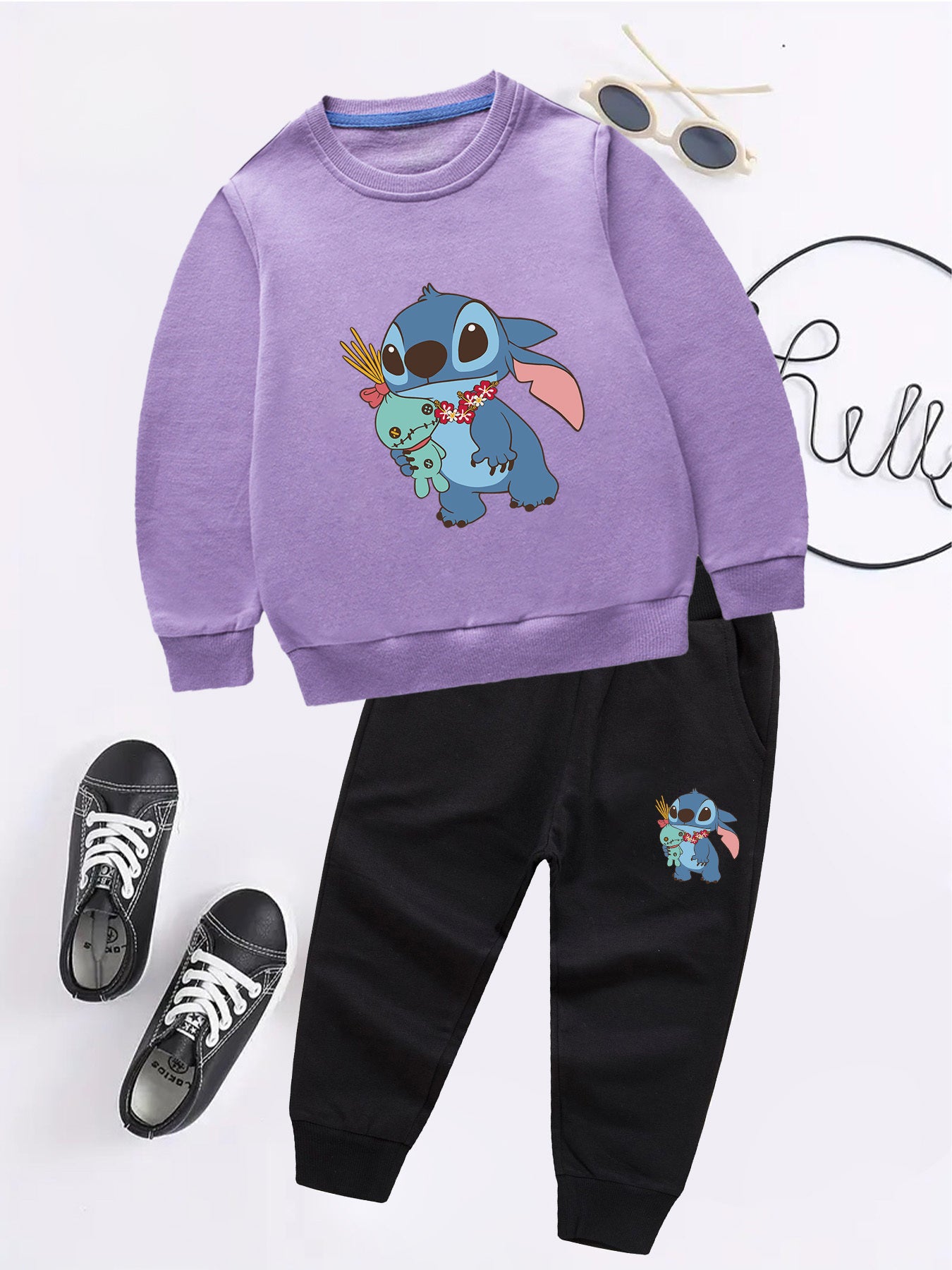 2pcs Disney Kids Casual Sweatshirt & Pants Set Stitch's Adorable Floral Adventure: A Heartwarming Cartoon Tale Long-Sleeve Crewneck, Children's clothing suitable for autumn and winter seasons, featuring cute cartoon patterns.