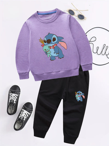 2pcs Disney Kids Casual Sweatshirt & Pants Set Stitch's Adorable Floral Adventure: A Heartwarming Cartoon Tale Long-Sleeve Crewneck, Children's clothing suitable for autumn and winter seasons, featuring cute cartoon patterns.