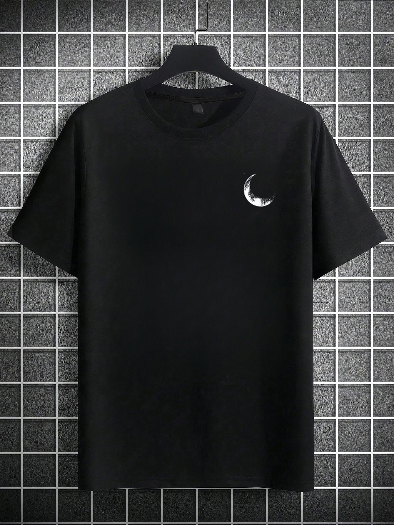 Men's Graphic Print Short Sleeve T-Shirt - Black Relaxed Fit Casual Round Neck, Durable Polyester Fabric, Machine Washable Summer Outdoor Top, Moon And Trees Design | Lightweight Clothing