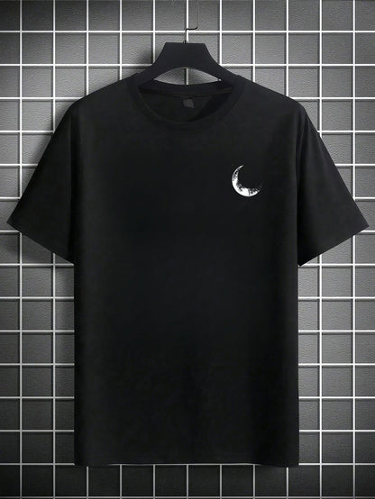 Men's Graphic Print Short Sleeve T-Shirt - Black Relaxed Fit Casual Round Neck, Durable Polyester Fabric, Machine Washable Summer Outdoor Top, Moon And Trees Design | Lightweight Clothing