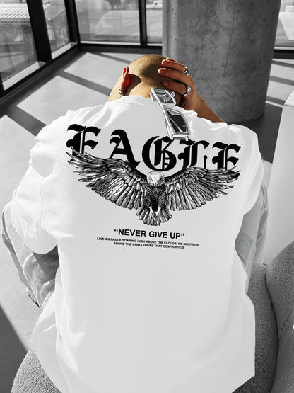Men's "Never Give Up" Graphic Print Casual T-Shirt - Comfortable Crew Neck, Short Sleeve, Loose Fit for Spring & Summer, White Polyester Tee for Casual Attire, Casual Summer Wear | Loose Fit Top | Smooth Texture
