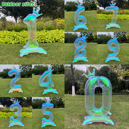 2pcs, 1pc 101.6cm transparent large digital balloon with crown and base + 1 straw, aluminum foil material, suitable for birthday party decoration, photo props, anniversary celebrations, Valentine's Day, New Year celebrations,