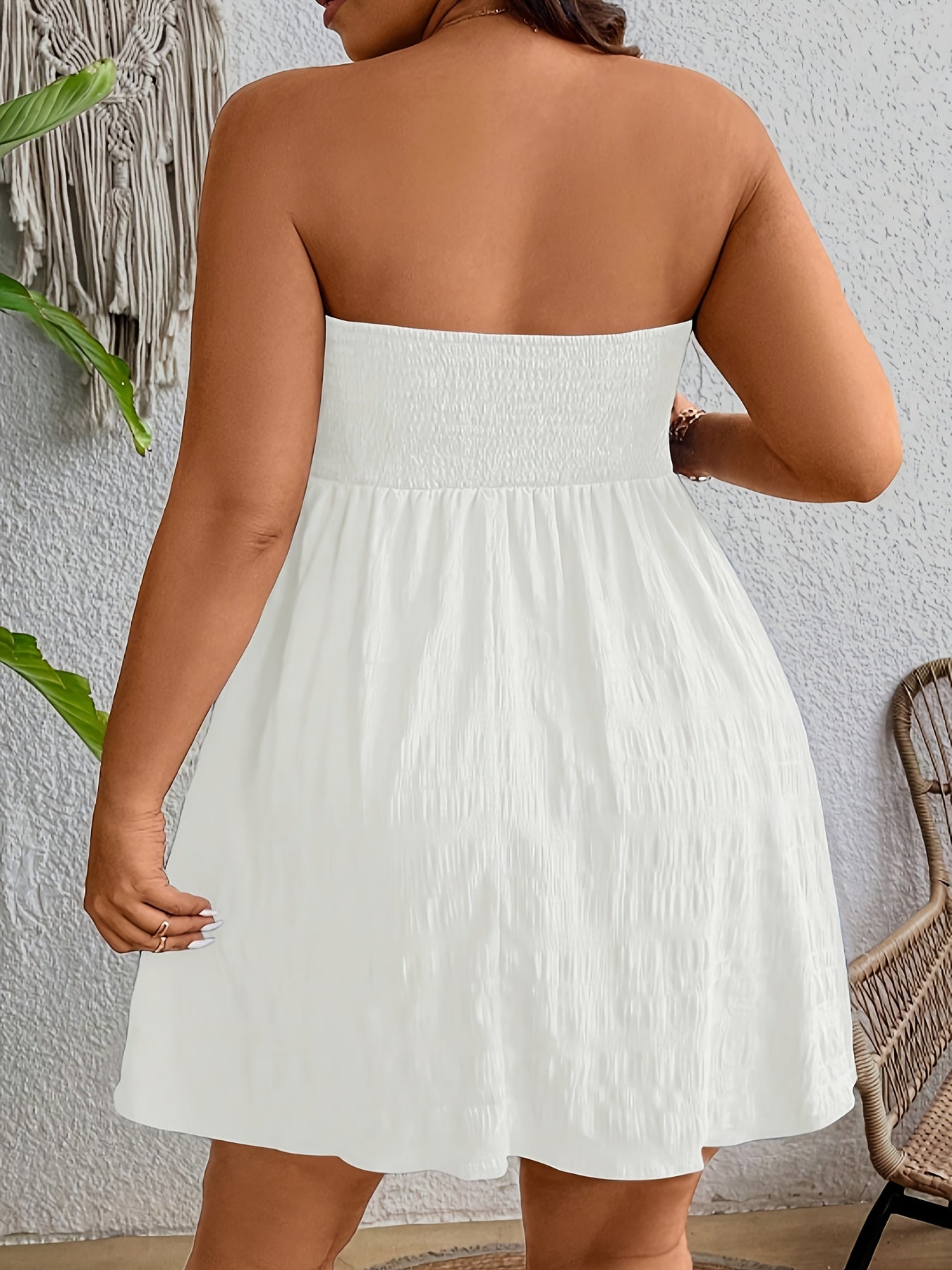 Elegant Bohemian Print Summer Dress for Women - Sleeveless, Stretchy Polyester Blend, Off-Shoulder Bandeau Style, White with Brown & Green Leaf Patterns, Perfect for Vacation or Casual Outings, Cute Dres