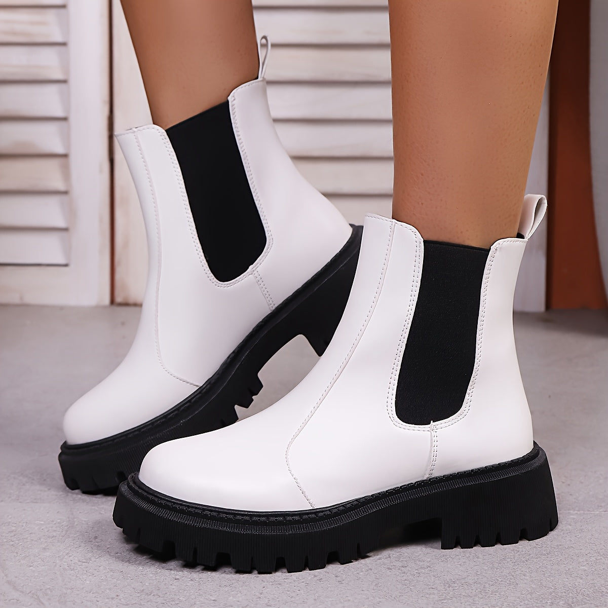 Women'S Slip-On Chelsea Boots - Thick Platform Mid-Calf, Round Toe & Cushioned Sole, Soft Rubber Sole, Elastic Lining, Solid Black Versatile Boots for Autumn/Winter Commuting & Casual Wear, Comfortable Footwear, Fashionforwar