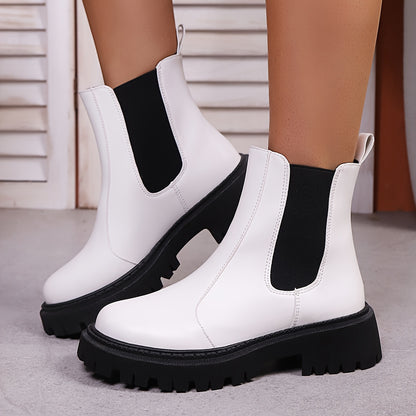 Women'S Slip-On Chelsea Boots - Thick Platform Mid-Calf, Round Toe & Cushioned Sole, Soft Rubber Sole, Elastic Lining, Solid Black Versatile Boots for Autumn/Winter Commuting & Casual Wear, Comfortable Footwear, Fashionforwar