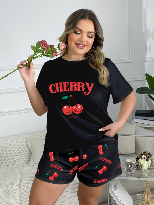 Women'S Plus Size Cherry Print Pajama Set - Soft Short Sleeve Top & Shorts, Loose Fit, Comfortable Fit for Spring/Summer, Plus Size Pajama