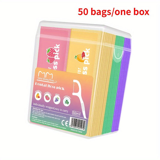 1 Box Of 50 Floss Fruit-flavored Floss, Individually Packaged Disposable Floss Picks, Mint Toothpick Strings, Portable Floss Picks, The Best Partner For Keeping Teeth Healthy And Clean.