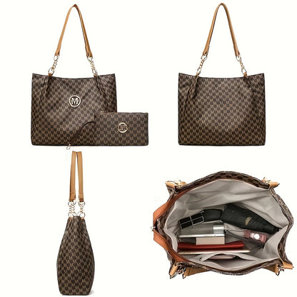 2pcs Women's Vintage Shoulder Bag Set, Large Capacity Tote Bag with Fixed Shoulder Strap, Synthetic, Zipper Closure, Polyester Lining, Lightweight, Random Print Design, Perfect for Daily Commuting and Carrying Cell Phones,