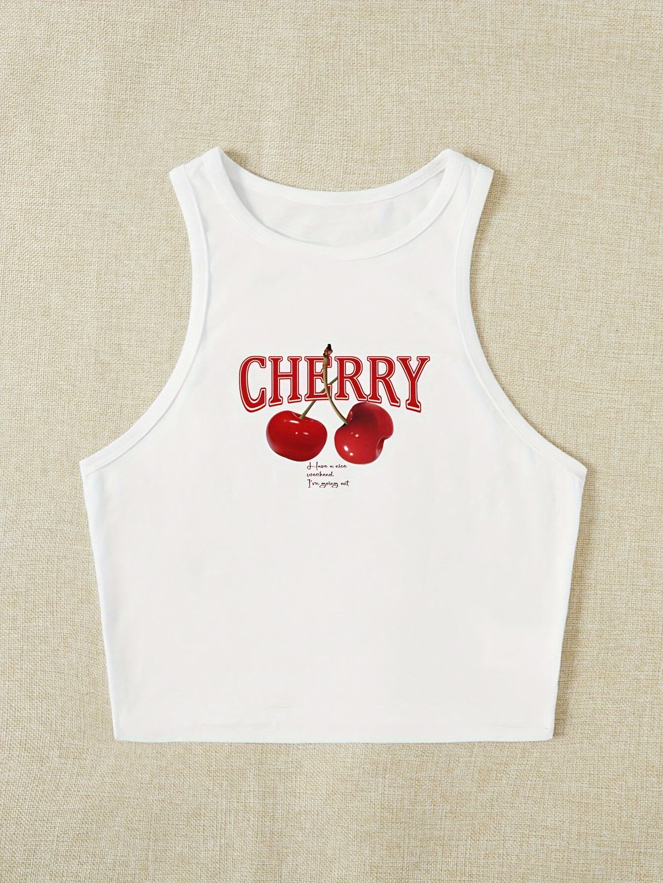 Women's Elegant Cropped Graphic Tank Top - Cherry Print Semi-Sheer Stretchy, Round Neck Sleeveless Shirt, Machine Washable All-Season Casual Top, Ladies Tank Tops, Playful Summer Wear