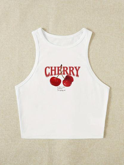 Women's Elegant Cropped Graphic Tank Top - Cherry Print Semi-Sheer Stretchy, Round Neck Sleeveless Shirt, Machine Washable All-Season Casual Top, Ladies Tank Tops, Playful Summer Wear