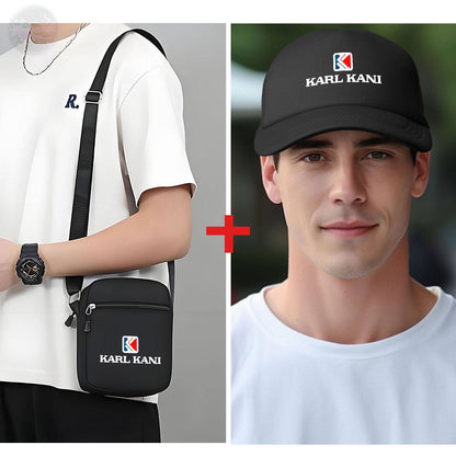 Trendy Karl Kani Logo Sling Bag & Baseball Cap Set - Stylish Crossbody Shoulder Bag with Snapback Hat for Men & Women - Urban Streetwear Fashion Accessories - Perfect Combo for Casual Outfits and Travel Essentials - Karl Kani