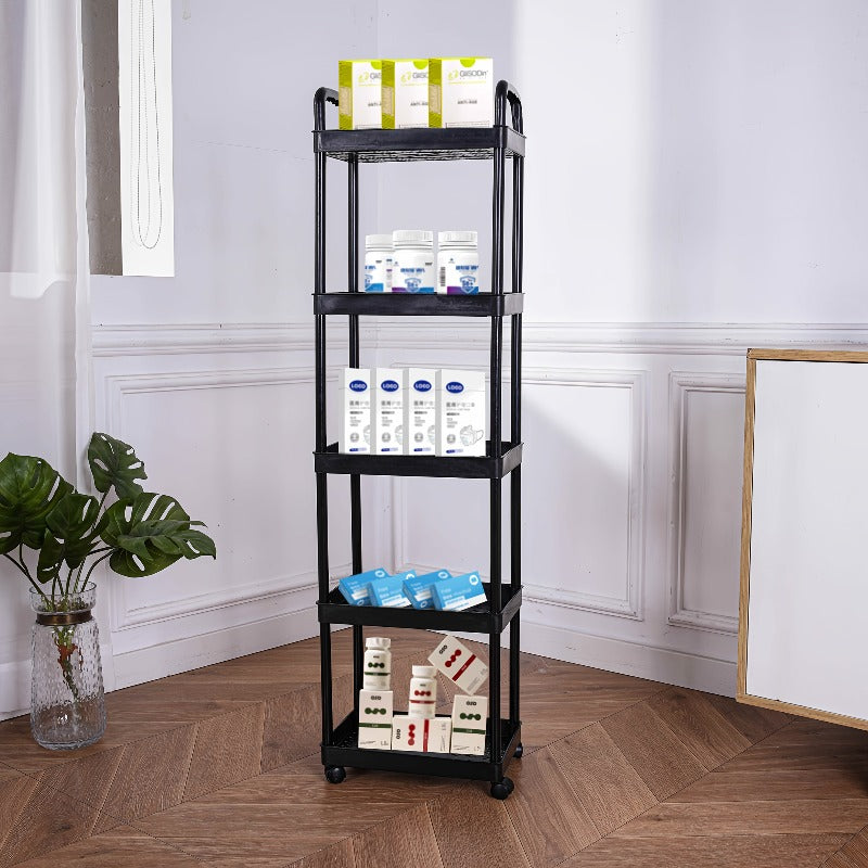 4/3/5-Tier Rolling Cosmetic Organizer - Durable Plastic Material, 360° Swivel Wheels, High Load Capacity for Bathroom, Bedroom, Kitchen & Home Organization | Black or White Options | Multifunctional Storage Cart with Side Ha